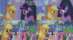 Size: 828x465 | Tagged: safe, edit, edited screencap, editor:quoterific, imported from derpibooru, screencap, applejack, fluttershy, pinkie pie, rainbow dash, rarity, spike, twilight sparkle, alicorn, dragon, earth pony, pegasus, pony, unicorn, the ending of the end, mane six, twilight sparkle (alicorn)