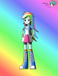 Size: 2548x3357 | Tagged: safe, artist:darkengales, imported from derpibooru, rainbow dash, human, equestria girls, female, gradient background, hand on hip, looking at you, rainbow background, smiling, smiling at you, solo