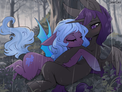 Size: 1200x900 | Tagged: safe, artist:lunarlacepony, imported from derpibooru, oc, oc only, oc:midnight moonbeam, oc:umbrella, alicorn, bat pony, bat pony alicorn, hybrid, pony, alicorn oc, bat pony oc, bat wings, cozy, eyes closed, forest, horn, hug, nature, outdoors, pegabat, rain, scenery, sweet dreams fuel, wings