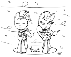 Size: 1000x800 | Tagged: safe, artist:ebbysharp, imported from derpibooru, hitch trailblazer, sprout cloverleaf, earth pony, pony, clothes, g5, male, monochrome, sash, scarf, snow, stallion, tail, windswept mane, windswept tail