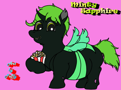 Size: 2223x1666 | Tagged: safe, artist:puffydearlysmith, imported from derpibooru, oc, oc:minty sapphire, changeling, belly, big belly, changeling oc, chunkling, crumbs, double chin, fat, female, food, pink background, popcorn, reference sheet, simple background, snaggletooth