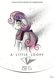 Size: 743x1075 | Tagged: safe, artist:whitepone, imported from derpibooru, sweetie belle, pony, unicorn, fanfic:a little loopy, ash, clock, fanfic, fanfic art, fanfic cover, simple background, solo, staring at you, white background