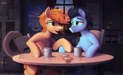 Size: 3500x2126 | Tagged: safe, artist:uliovka, imported from derpibooru, braeburn, soarin', earth pony, pegasus, pony, coffee, couple, gay, looking at each other, looking at someone, male, morning, scenery, shipping, soarburn, stallion