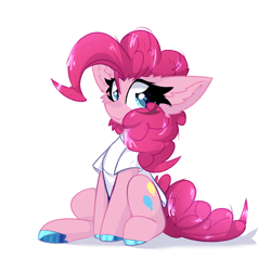 Size: 2000x2000 | Tagged: safe, artist:jubyskylines, imported from derpibooru, pinkie pie, earth pony, pony, big ears, cheek fluff, clothes, ear fluff, eye clipping through hair, female, looking at you, mare, shirt, simple background, sitting, solo, t-shirt, white background