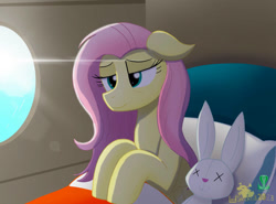 Size: 1039x769 | Tagged: safe, artist:lordshrekzilla20, imported from derpibooru, fluttershy, pegasus, fanfic:a king to a god, bags under eyes, doll, plushie, toy, waking up