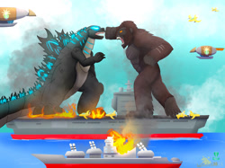 Size: 1033x774 | Tagged: safe, artist:lordshrekzilla20, imported from derpibooru, ape, gorilla, kaiju, fanfic:a king to a god, airship, boat, fight, fire, godzilla, godzilla (series), king kong, punch