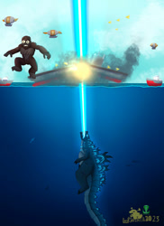 Size: 827x1136 | Tagged: safe, artist:lordshrekzilla20, imported from derpibooru, ape, gorilla, kaiju, fanfic:a king to a god, airship, atomic breath, boat, fire, godzilla, godzilla (series), king kong, underwater, water