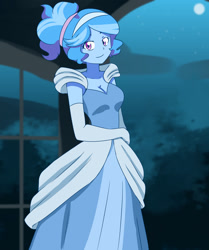 Size: 1280x1531 | Tagged: safe, artist:lirudraw, imported from derpibooru, oc, oc only, oc:jeremy sparkle, human, equestria girls, breasts, cinderella, clothes, dress, evening gloves, female, gloves, gown, humanized, long gloves, moon, night, poofy shoulders, smiling, solo