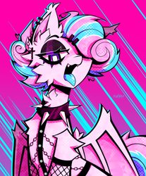 Size: 2000x2410 | Tagged: artist needed, source needed, safe, imported from derpibooru, oc, oc only, oc:sweetie swirl, bat pony, chains, collar, colored tongue, ear piercing, earring, eyelashes, eyeliner, femboy, goth, jewelry, makeup, male, multicolored hair, piercing, simple background, spiked collar