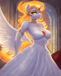 Size: 800x1000 | Tagged: safe, imported from derpibooru, daybreaker, anthro, ai content, ai generated, clothes, dress, female, prompter:fragglezed, solo, solo female, white dress