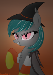 Size: 2812x3960 | Tagged: safe, artist:rainbowšpekgs, imported from derpibooru, oc, oc only, oc:malachite cluster, bat pony, pony, bat pony oc, bat wings, chest fluff, clothes, costume, halloween, halloween costume, hat, holiday, smiling, socks, wings, witch, witch costume, witch hat