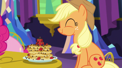 Size: 1280x720 | Tagged: safe, imported from derpibooru, screencap, applejack, pinkie pie, earth pony, pony, castle sweet castle, cute, eyes closed, food, herbivore, jackabetes, pancakes, plate, sitting, smiling, strawberry