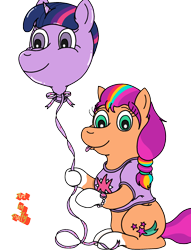 Size: 1980x2595 | Tagged: safe, artist:puffydearlysmith, imported from derpibooru, sunny starscout, twilight sparkle, earth pony, pony, balloon, bracelet, braid, braided ponytail, clothes, female, g5, jewelry, looking at you, mane stripe sunny, mare, ponytail, shirt, simple background, smiling, sunny and her heroine, tongue out, transparent background