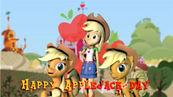 Size: 3840x2160 | Tagged: safe, artist:fazbearsparkle, imported from derpibooru, applejack, human, pony, 3d, applejack day, applejack's hat, cowboy hat, female, hat, humanized, older, older applejack, self paradox, self ponidox, source filmmaker, sweet apple acres