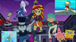 Size: 1920x1080 | Tagged: safe, artist:cutler1228, edit, edited screencap, imported from derpibooru, screencap, snails, snips, sunset shimmer, trixie, equestria girls, 1000 hours in ms paint, 1000 years in photoshop, boots, clothes, high heel boots, jacket, karate, mr. krabs, patrick star, plankton, reference, running, shirt, shoes, skirt, spongebob reference, spongebob squarepants, squidward tentacles