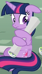 Size: 541x962 | Tagged: safe, imported from derpibooru, screencap, twilight sparkle, alicorn, pony, season 8, the washouts (episode), spoiler:s08, awkward, caught, cropped, cute, embarrassed, female, floppy ears, frown, looking away, mare, ponyville, poster, sitting, twiabetes, twilight sparkle (alicorn), wide eyes, wings