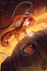 Size: 2818x4231 | Tagged: safe, artist:nevobaster, imported from derpibooru, oc, oc only, oc:rusty gears, pony, computer, error message, female, freckles, mare, solo, space, space helmet, spaceship, spacesuit, stars, welding, worried, zero gravity