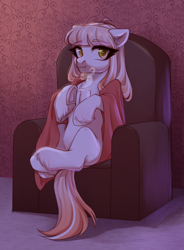 Size: 2204x3000 | Tagged: safe, artist:nika-rain, imported from derpibooru, oc, oc:ikura, earth pony, pony, blanket, chair, cute, drink, eyebrows, eyebrows visible through hair, female, looking at you, sitting, sketch, smiling, solo, underhoof