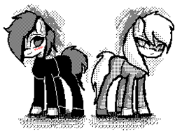 Size: 1536x1152 | Tagged: safe, artist:menalia, imported from derpibooru, oc, oc only, unnamed oc, earth pony, pony, aseprite, clothes, dithering, female, flipnote studio, long sleeves, looking at each other, looking at someone, mare, pants, pixel art, shirt, shoes, style emulation, t-shirt