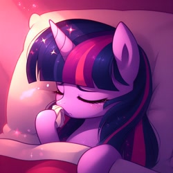 Size: 1024x1024 | Tagged: safe, imported from derpibooru, twilight sparkle, alicorn, ai content, ai generated, bed, blanket, cold, cute, eyes closed, generator:bing image creator, nose rub, pillow, prompter:evergreen, sick, sparkles, tissue, twilight sparkle (alicorn)