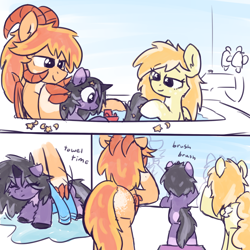 Size: 2200x2200 | Tagged: safe, artist:rivibaes, imported from derpibooru, part of a set, oc, oc:evanti, oc:orange cream, oc:rivibaes, dracony, dragon, hybrid, pegasus, pony, unicorn, bath, bathing, brushing teeth, comic, family, female, filly, fluffy, foal, male, mare, stallion, towel