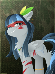 Size: 1432x1936 | Tagged: safe, artist:andaluce, imported from derpibooru, oc, oc:haze northfleet, pegasus, pony, bodypaint, brazil, chest fluff, clothes, costume, facial markings, female, hock fluff, jewelry, lineless, mare, necklace, smiling, smirk, solo, tribal markings