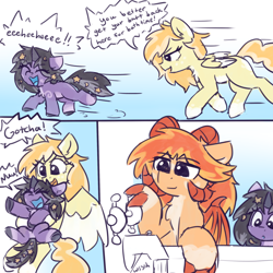 Size: 2200x2200 | Tagged: safe, artist:rivibaes, imported from derpibooru, part of a set, oc, oc:evanti, oc:orange cream, oc:rivibaes, dracony, dragon, hybrid, pegasus, pony, unicorn, bathtub, chase, comic, dialogue, family, female, filly, foal, grabbing, male, mare, stallion