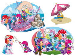 Size: 1024x768 | Tagged: safe, imported from derpibooru, cheerilee (g3), pinkie pie (g3), rainbow dash (g3), scootaloo (g3), starsong, sweetie belle (g3), toola roola, earth pony, pegasus, pony, unicorn, clothes, core seven, female, fishing rod, g3, g3.5, hat, mare, official, pirate, pirate hat, pirate outfit, pirate ship, sand, shoes, simple background, smiling, sunglasses, toola-roola, umbrella, wet, white background