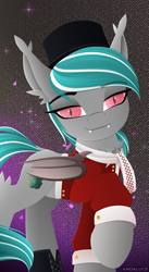 Size: 1047x1915 | Tagged: safe, artist:andaluce, imported from derpibooru, oc, oc:malachite cluster, bat pony, pony, abstract background, chest fluff, clothes, costume, ear fluff, hat, hock fluff, lineless, male, scarf, solo, stallion, top hat, traditional clothing