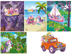 Size: 1024x768 | Tagged: safe, imported from derpibooru, cheerilee (g3), pinkie pie (g3), rainbow dash (g3), scootaloo (g3), starsong, sweetie belle (g3), bat, earth pony, pegasus, pony, unicorn, beach, beach ball, female, g3, g3.5, hat, jeep, leaves, mare, official, palm tree, sailboat, simple background, spider web, sunglasses, toola-roola, towel, tree, vehicle, water, white background