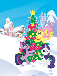 Size: 774x1032 | Tagged: safe, imported from derpibooru, fluttershy, rarity, twilight sparkle, earth pony, pegasus, pony, unicorn, artifact, candy, candy cane, canterlot castle, christmas, christmas tree, cute, female, flying, food, g4, holiday, mare, official, standing on two hooves, stars, stock vector, tree, trio, unicorn twilight