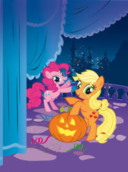 Size: 714x953 | Tagged: safe, imported from derpibooru, screencap, applejack, pinkie pie, earth pony, pony, animation error, artifact, canterlot castle, confetti, duo, female, freckles, g4, halloween, holiday, jack-o-lantern, looking at you, mare, missing hat, night, open mouth, open smile, pumpkin, smiling, stock vector