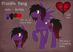 Size: 3200x2300 | Tagged: safe, artist:zeffdakilla, imported from derpibooru, oc, oc only, oc:frankie fang, pegasus, pony, amputee, bandage, black mane, emo, male, missing wing, purple fur, raised hoof, reference sheet, severed limb, severed wing, smiling, solo, spread wings, standing, wings