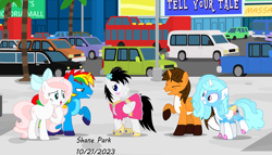 Size: 4035x2302 | Tagged: safe, artist:creedyboy124, imported from derpibooru, oc, oc:ej, oc:jemima sparkle, oc:shane park, oc:shield wing, oc:sweetheart, alicorn, pegasus, pony, unicorn, car, city, clothes, dress, embarrassed, female, laughing, male, street