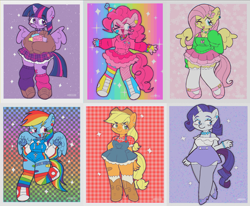 Size: 3747x3094 | Tagged: safe, artist:cosmiccrayons, imported from derpibooru, applejack, fluttershy, pinkie pie, rainbow dash, rarity, twilight sparkle, alicorn, anthro, earth pony, pegasus, pony, unicorn, ;p, abstract background, bandaid, blush sticker, blushing, book, boots, bracelet, clothes, converse, cutie mark, cutie mark on clothes, ear piercing, eye clipping through hair, eyebrows, eyebrows visible through hair, face paint, female, fingerless gloves, freckles, gloves, gradient background, hat, horn, jewelry, kidcore, looking at you, magic, mane six, mare, mary janes, necklace, one eye closed, open mouth, open smile, party hat, piercing, rainbow, rainbow socks, shoes, skirt, smiling, sneakers, socks, sparkles, spread wings, striped socks, sweater, sweatershy, sweatshirt, teeth, tongue out, white socks, wings, wink, winking at you