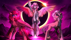 Size: 4000x2250 | Tagged: safe, artist:chamommile, imported from derpibooru, oc, oc only, oc:black cherry, oc:opaline, oc:skye setter, pegasus, pony, unicorn, colored wings, ear fluff, eyes closed, horn, looking at you, mountain, pegasus oc, ponytail, red mane, red skin, sun, tail, trio, two toned hair, two toned mane, two toned tail, two toned wings, unicorn oc, wings