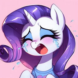 Size: 1024x1024 | Tagged: safe, imported from derpibooru, rarity, pony, unicorn, ai content, ai generated, blushing, bust, cartoon, clothes, colored, crying, eyes closed, eyeshadow, female, generator:bing image creator, makeup, mare, marshmelodrama, open mouth, pink background, prompter:evergreen, rarity being rarity, sad, shirt, simple background, solo, t-shirt