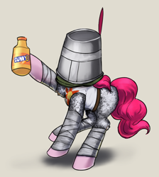 Size: 2000x2228 | Tagged: safe, artist:vultraz, pinkie pie, princess celestia, earth pony, pony, bucket, clothes, duct tape, female, holding, mare, pinktober, praise the sun, solaire of astora, solo, sunny d, tape, tin foil