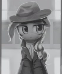 Size: 2000x2393 | Tagged: safe, artist:vultraz, pinkie pie, earth pony, pony, clothes, duster, female, hat, mare, monochrome, pinktober, solo