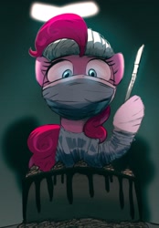Size: 2000x2871 | Tagged: safe, artist:vultraz, pinkie pie, earth pony, pony, cake, clothes, female, food, glowing eyes, mare, pinktober, scalpel, scrubs (gear), solo, surgeon, surgical mask