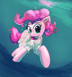 Size: 2000x2137 | Tagged: safe, artist:vultraz, pinkie pie, earth pony, pony, clothes, dress, ear piercing, earring, female, jewelry, mare, ocean, piercing, pinktober, solo, swimming, underwater