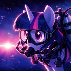 Size: 1024x1024 | Tagged: safe, imported from derpibooru, twilight sparkle, fish, unicorn, ai content, ai generated, air tank, bubble, dive mask, female, generator:bing image creator, goggles, mare, ocean, oxygen tank, scuba diving, scuba gear, scuba tank, swimming, underwater, unicorn twilight, water