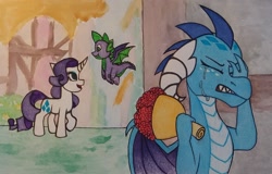 Size: 2032x1301 | Tagged: safe, artist:raritylover152, imported from derpibooru, princess ember, rarity, spike, dragon, bouquet of flowers, crying, flower, traditional art, winged spike, wings