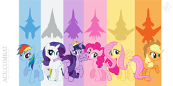 Size: 3000x1500 | Tagged: safe, artist:rarity3257, edit, imported from derpibooru, applejack, fluttershy, pinkie pie, rainbow dash, rarity, twilight sparkle, alicorn, earth pony, pegasus, pony, unicorn, ace combat, ace combat 7, adf-11f raven, adfx-01 morgan, asf-x shinden ii, big crown thingy, cfa-44 nosferatu, element of magic, female, high res, jet, jet fighter, jewelry, mane six, mare, regalia, twilight sparkle (alicorn), x-02 wyvern, xfa-27 scarface