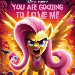 Size: 1024x1024 | Tagged: safe, imported from derpibooru, fluttershy, pinkie pie, ai content, ai disney poster, ai generated, bowtie, disney, meme, movie poster, pixar, simple background, solo focus, transparent background, you're going to love me