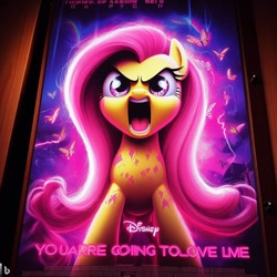 Size: 1024x1024 | Tagged: safe, imported from derpibooru, fluttershy, ai content, ai disney poster, ai generated, disney, generator:bing image creator, meme, movie poster, simple background, transparent background, you're going to love me