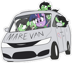 Size: 2095x1857 | Tagged: safe, artist:seafooddinner, twilight sparkle, oc, oc:filly anon, earth pony, pony, unicorn, ants, crocs, female, filly, jar, simple background, transparent background, van, vehicle