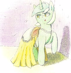 Size: 2000x2048 | Tagged: safe, artist:gorebox, imported from derpibooru, lyra heartstrings, clothes, colored pencil drawing, dress, ink drawing, inktober 2023, jewelry, necklace, pearl necklace, saddle, tack, traditional art