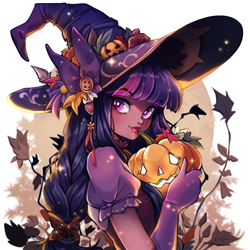 Size: 900x900 | Tagged: safe, artist:cabbage-arts, imported from derpibooru, twilight sparkle, human, bust, halloween, hat, holiday, humanized, jack-o-lantern, moderate dark skin, pumpkin, solo, witch, witch hat