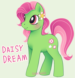 Size: 1151x1199 | Tagged: safe, artist:serasugee, imported from derpibooru, oc, earth pony, pony, blushing, curly hair, female, flower, flower in hair, green fur, mare, pink eyes, pink hair, simple background, smiling, solo